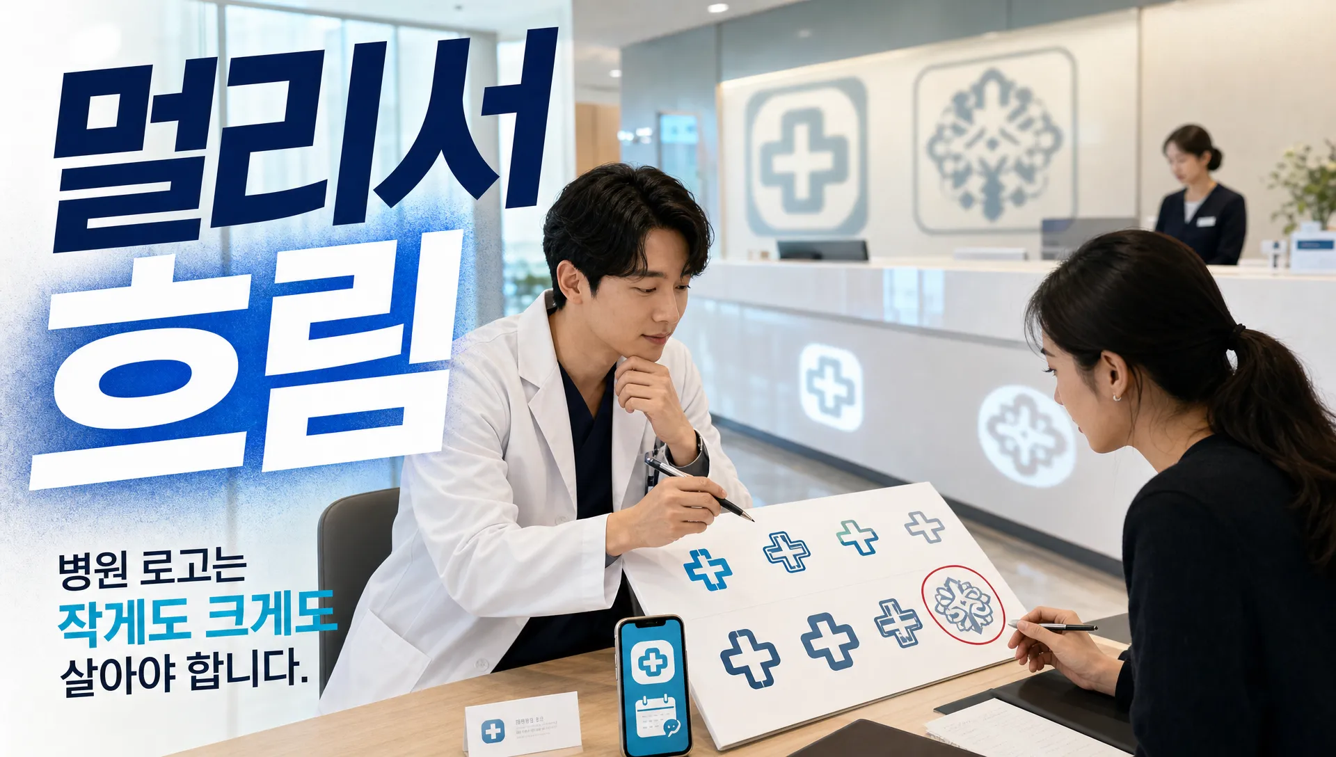 작은 모바일 화면과 큰 외벽 사인에 같은 병원 로고를 대조하는 장면