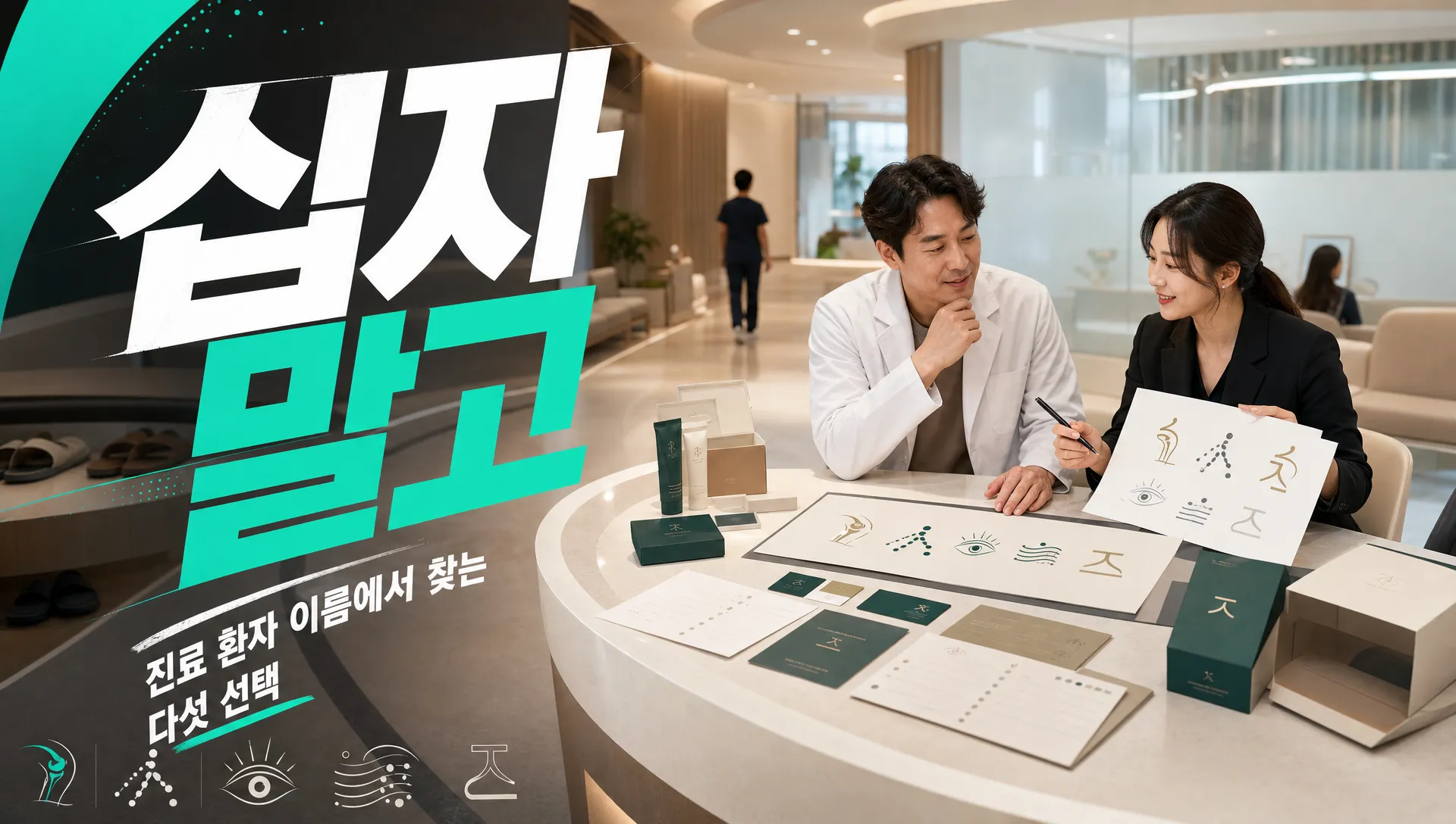 진료과별로 다른 선과 형태를 스케치하는 로고 디자인 작업 장면