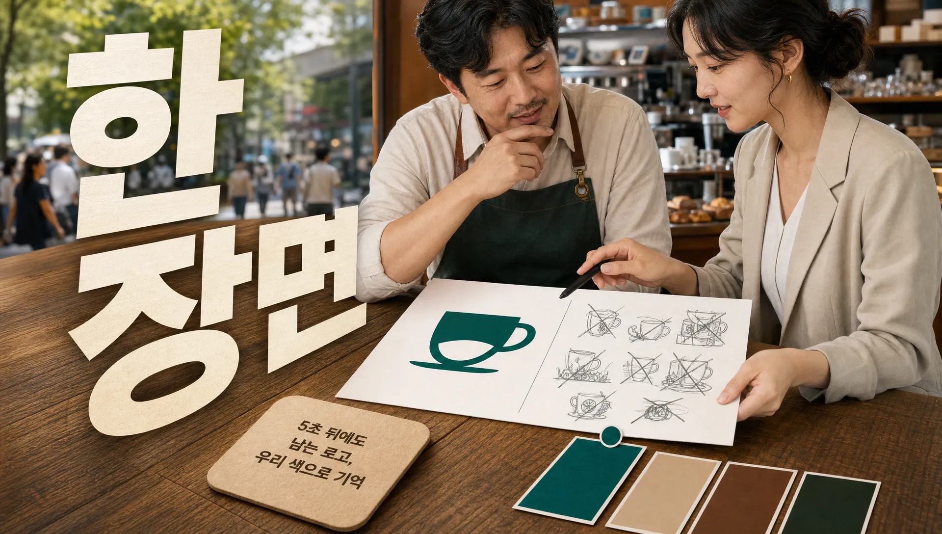 여러 카페 컵 사이에서 한 가지 컬러와 심볼만 또렷하게 보이는 장면