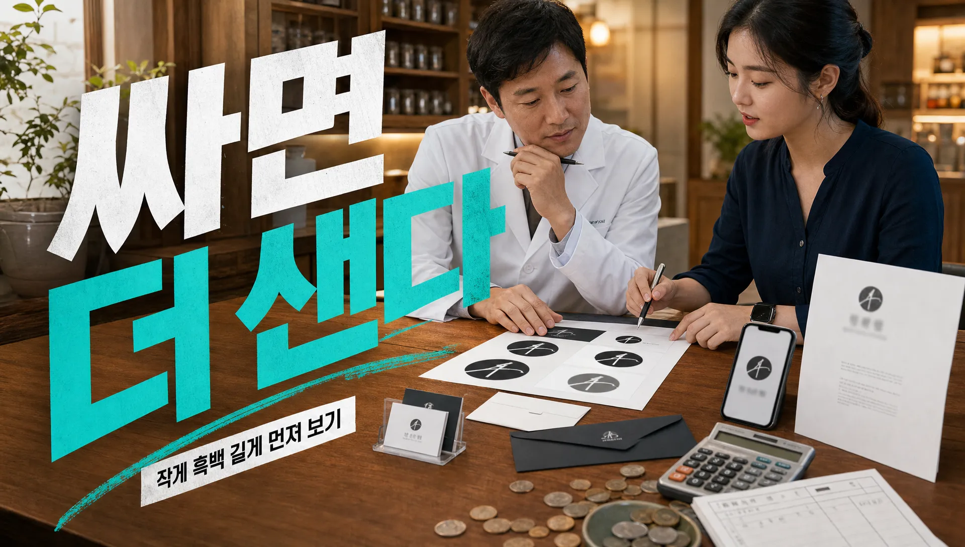 한의원 외벽 사진 위에 서로 다른 로고를 얹어 비교하는 장면