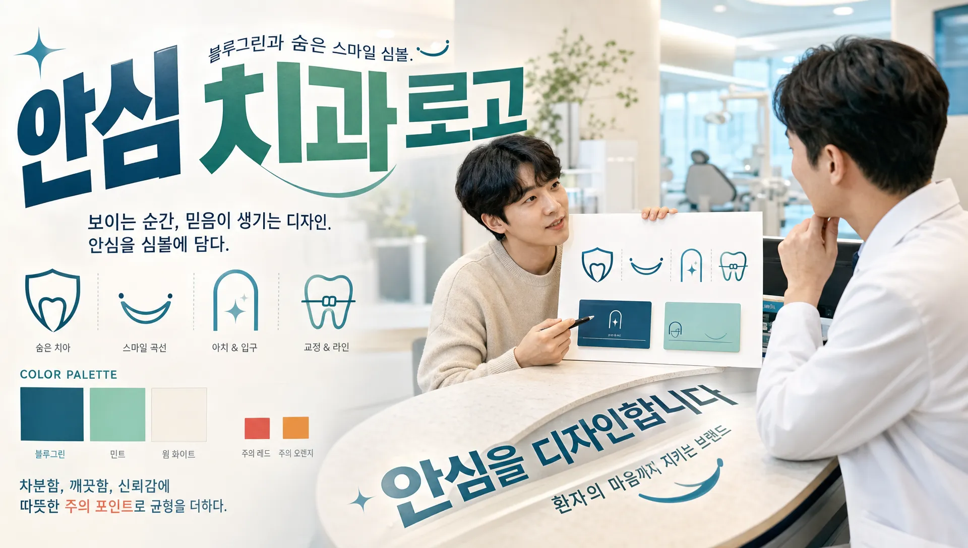 블루그린 컬러의 치과 로고 시안과 심볼 스케치