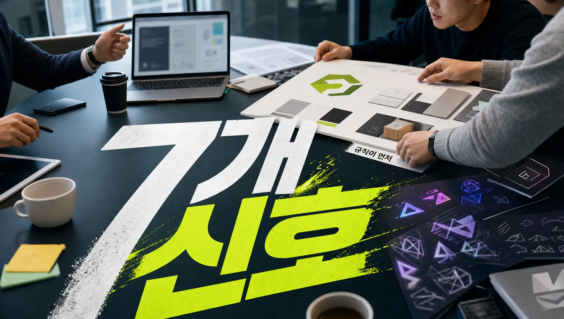 여러 스타트업 로고 시안을 투자용 피치덱 표지에 비교하는 장면