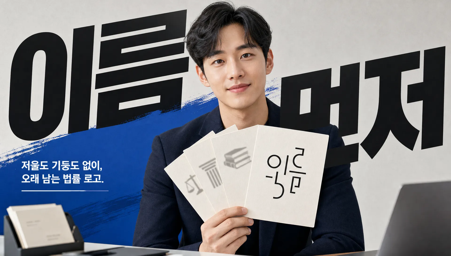 모바일 화면, 명함, 홈페이지 헤더에 같은 로고를 작게 적용해 비교하는 장면