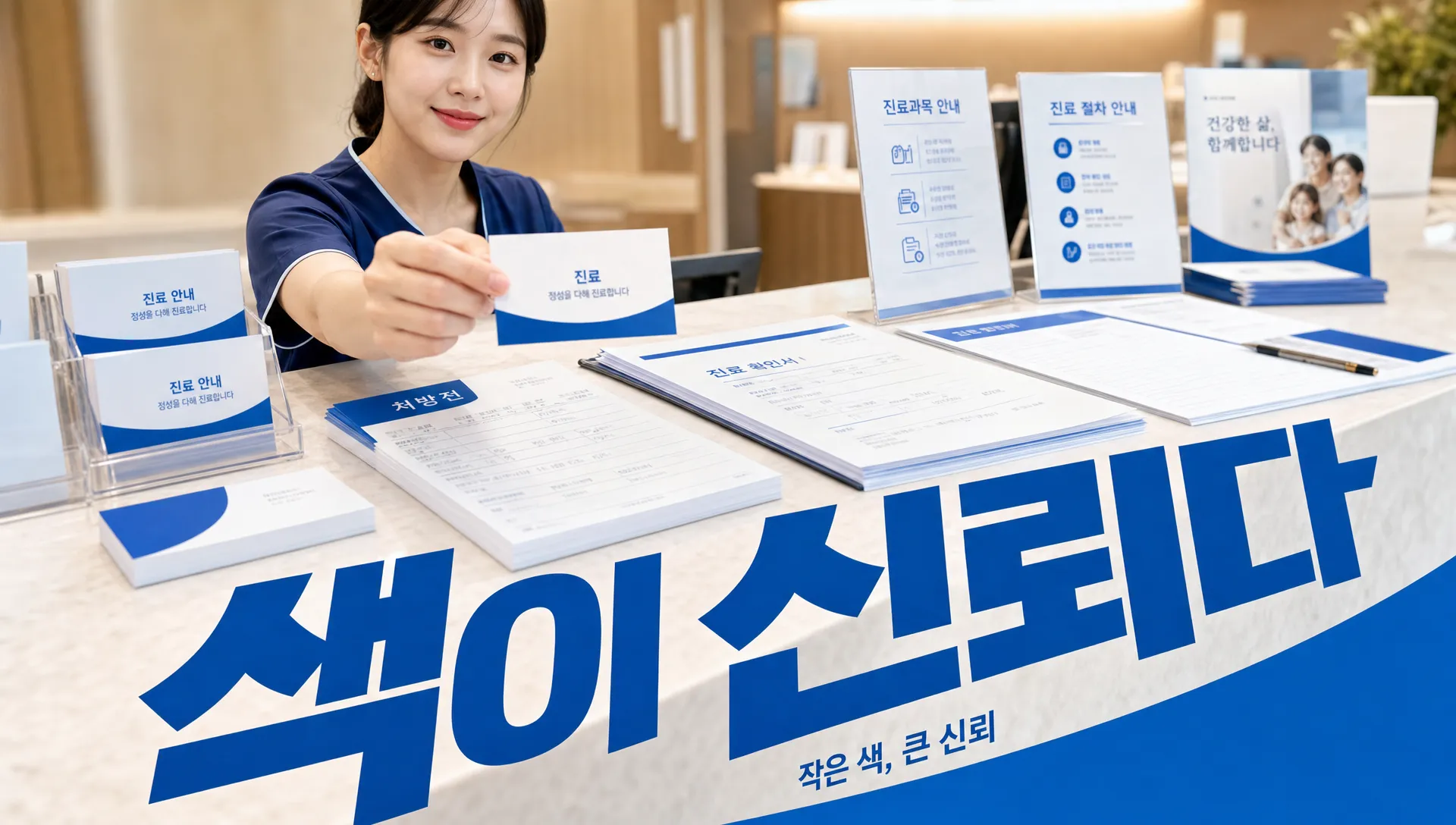 의료 서류와 명함에 일관되게 나타나는 로고 색상