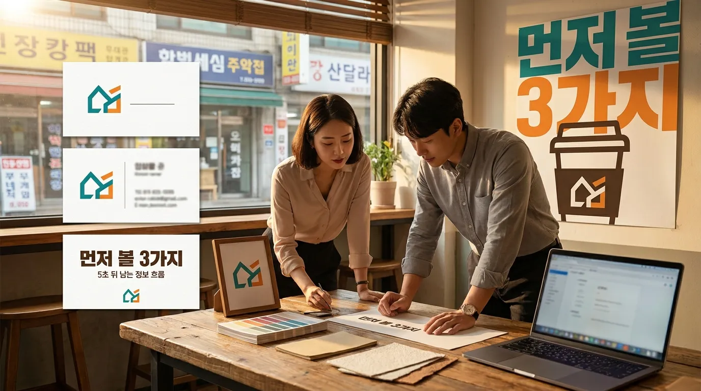 작은 글씨와 넓은 여백의 명함 시안을 비교하는 장면