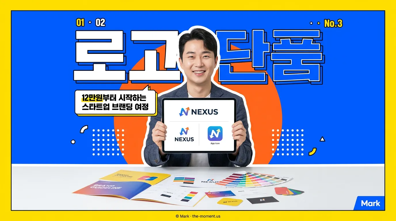 회의실 화이트보드에 로고, 컬러칩, 앱 아이콘, 세일즈덱 표지가 함께 붙어 있는 장면