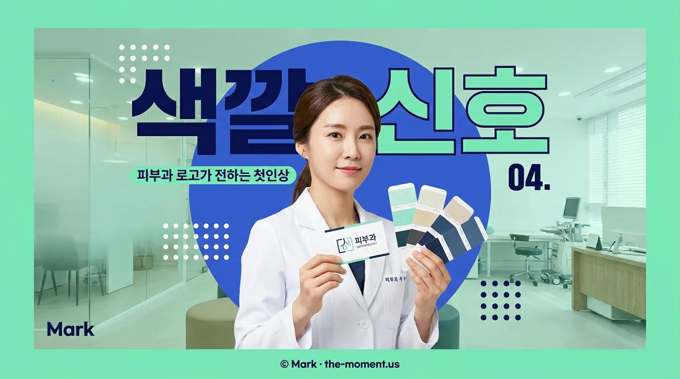 피부과 로고가 간판, 예약 화면, 명함, 유리문에 같은 톤으로 적용된 장면