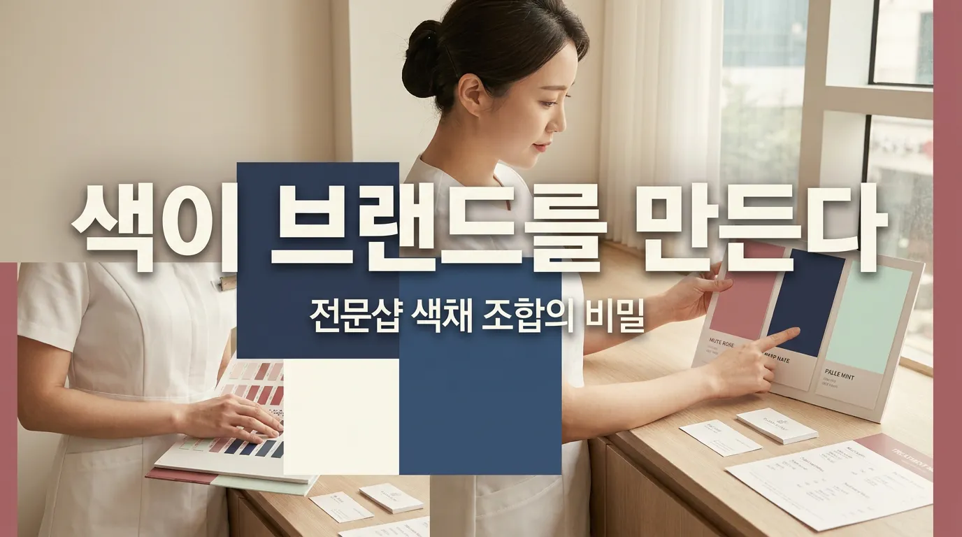 민트, 네이비, 아이보리 컬러칩 옆에 놓인 피부관리샵 로고 스케치