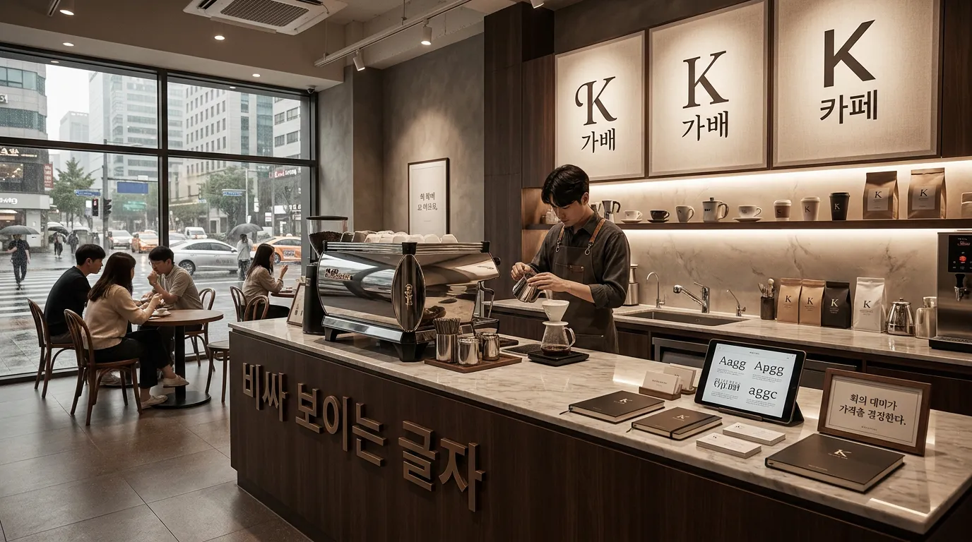 로고 폰트 시안 3가지를 컵과 메뉴판에 올려 비교하는 장면