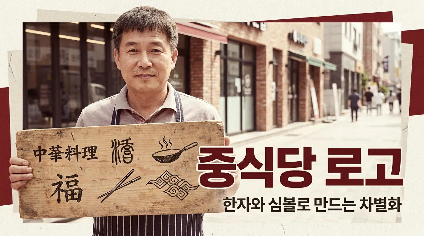 한자 도장, 젓가락, 그릇, 웍 불꽃 심볼 스케치가 펼쳐진 장면