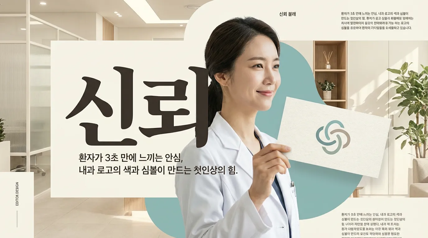 청록색 심볼과 차분한 병원 로고 시안이 놓인 디자인 보드