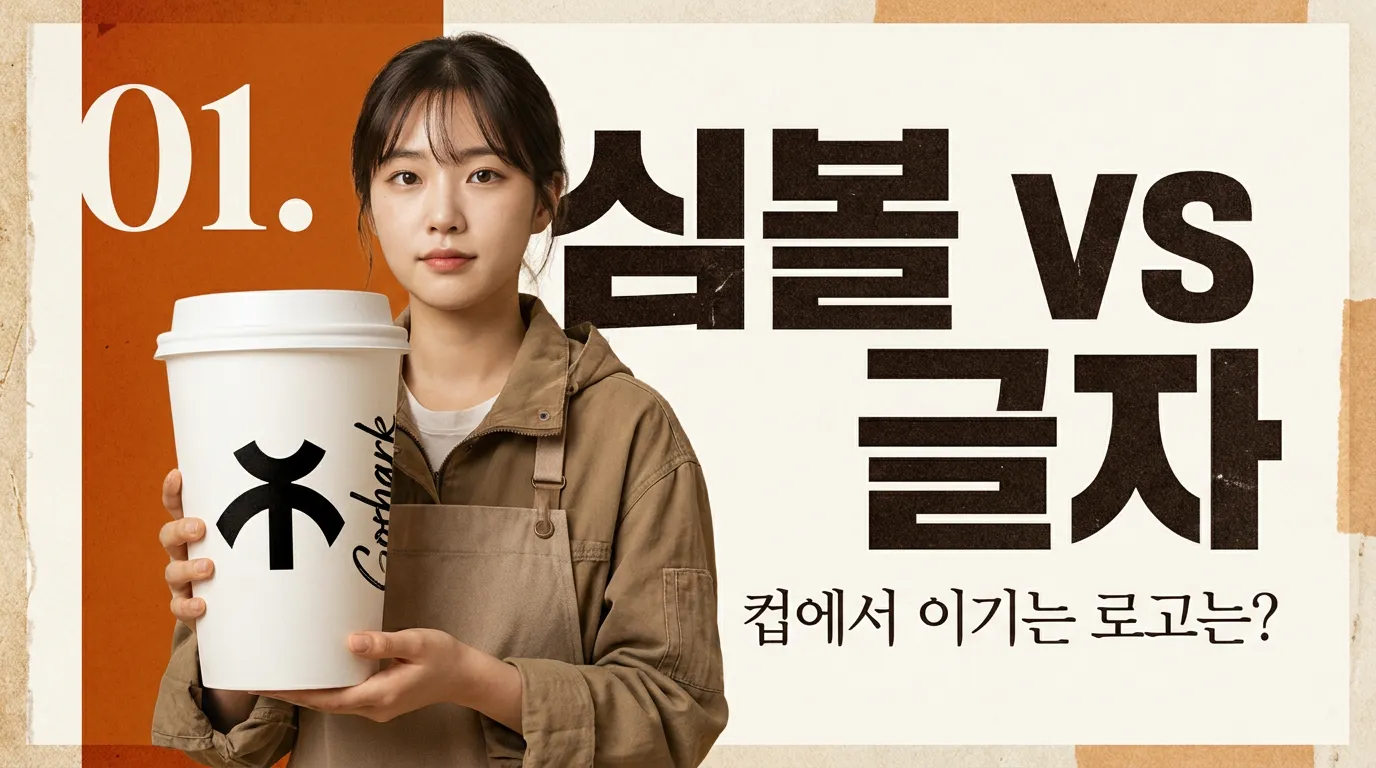 크라프트 포장지와 컵홀더 위에 심볼과 워드마크가 다르게 적용된 장면