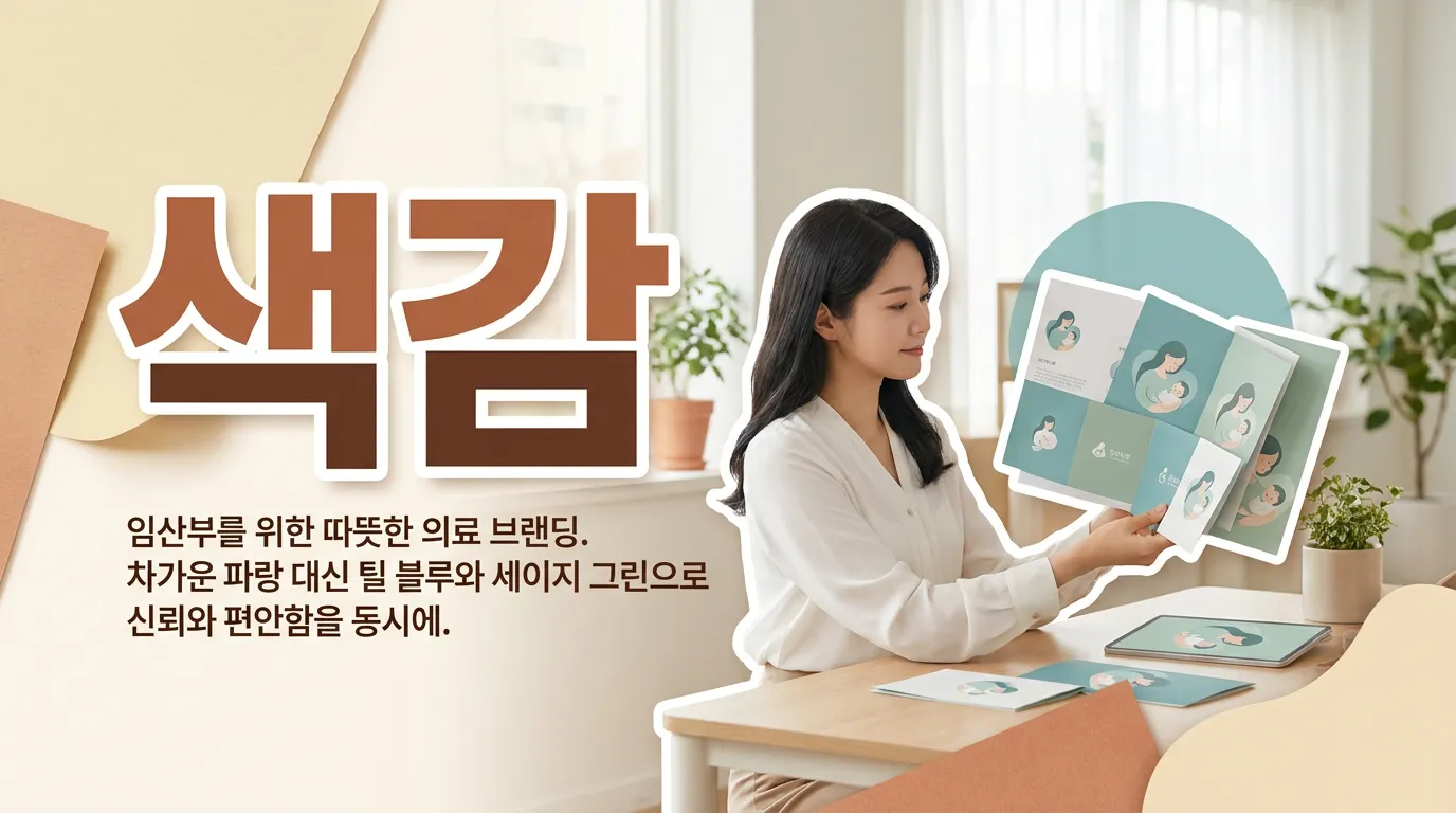 아이보리, 더스티 핑크, 틸 블루 컬러칩 위에 놓인 산부인과 로고 스케치