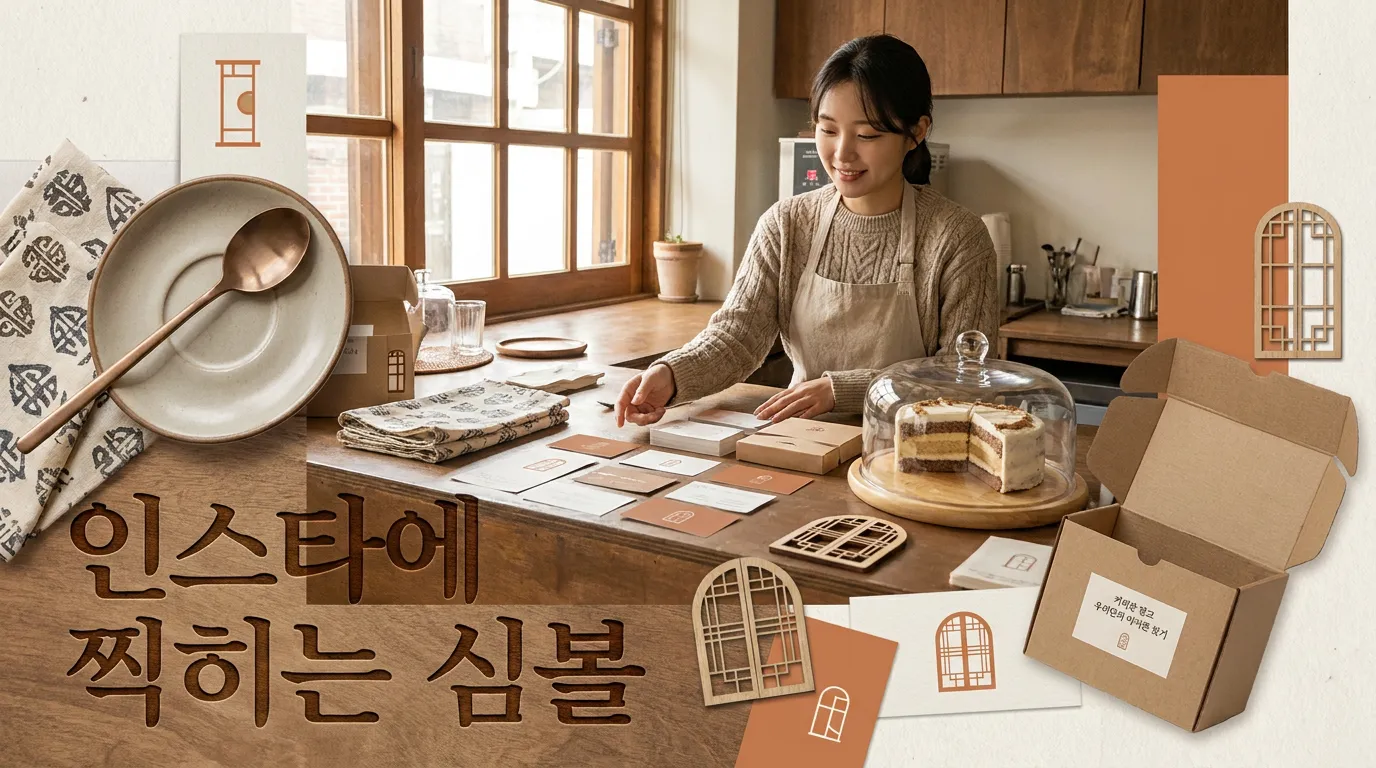 컵, 스티커, 포장 박스에 같은 심볼이 반복 적용된 카페 브랜딩 장면