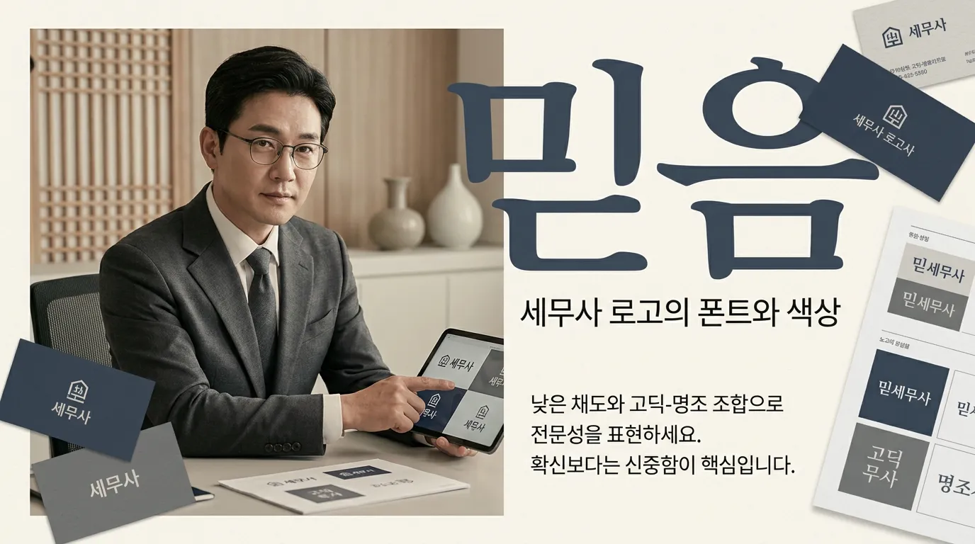 노트북 화면에 비교된 세무사 로고 색상 팔레트와 폰트 시안