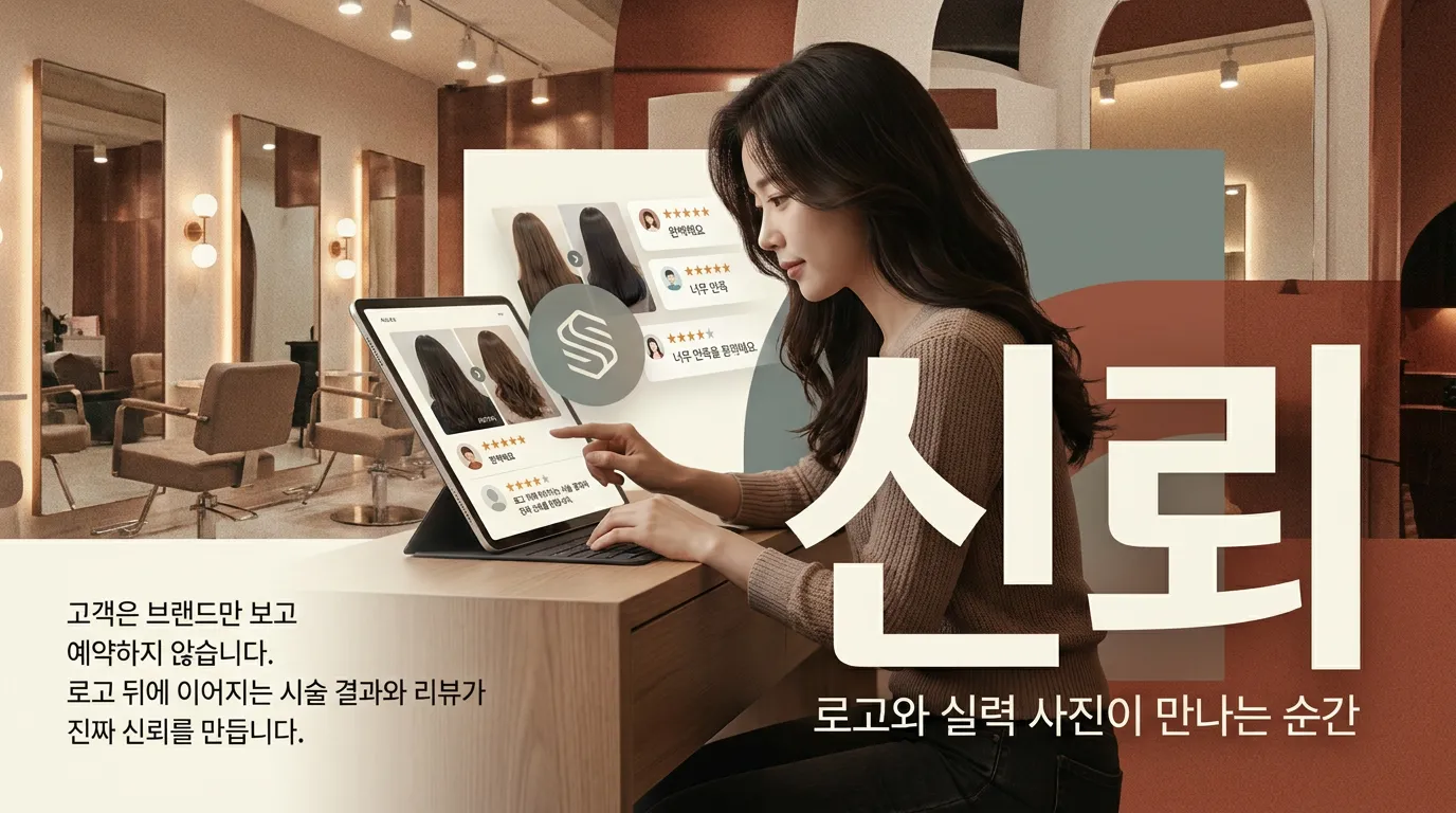 시술 사진 위에 작게 들어간 심볼과 예약 화면이 같은 톤으로 정리된 모습