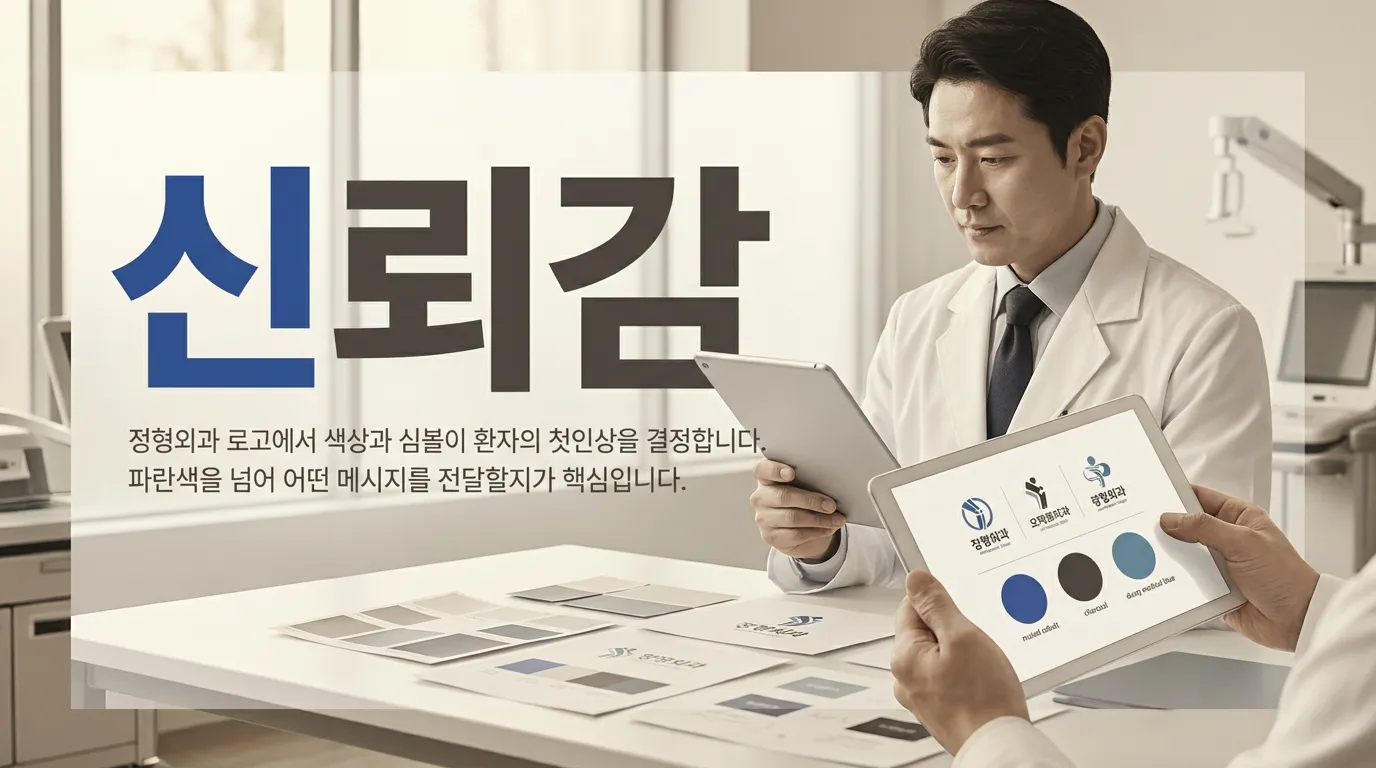 정형외과 로고 시안 위에 색상 팔레트와 관절 라인이 놓인 장면