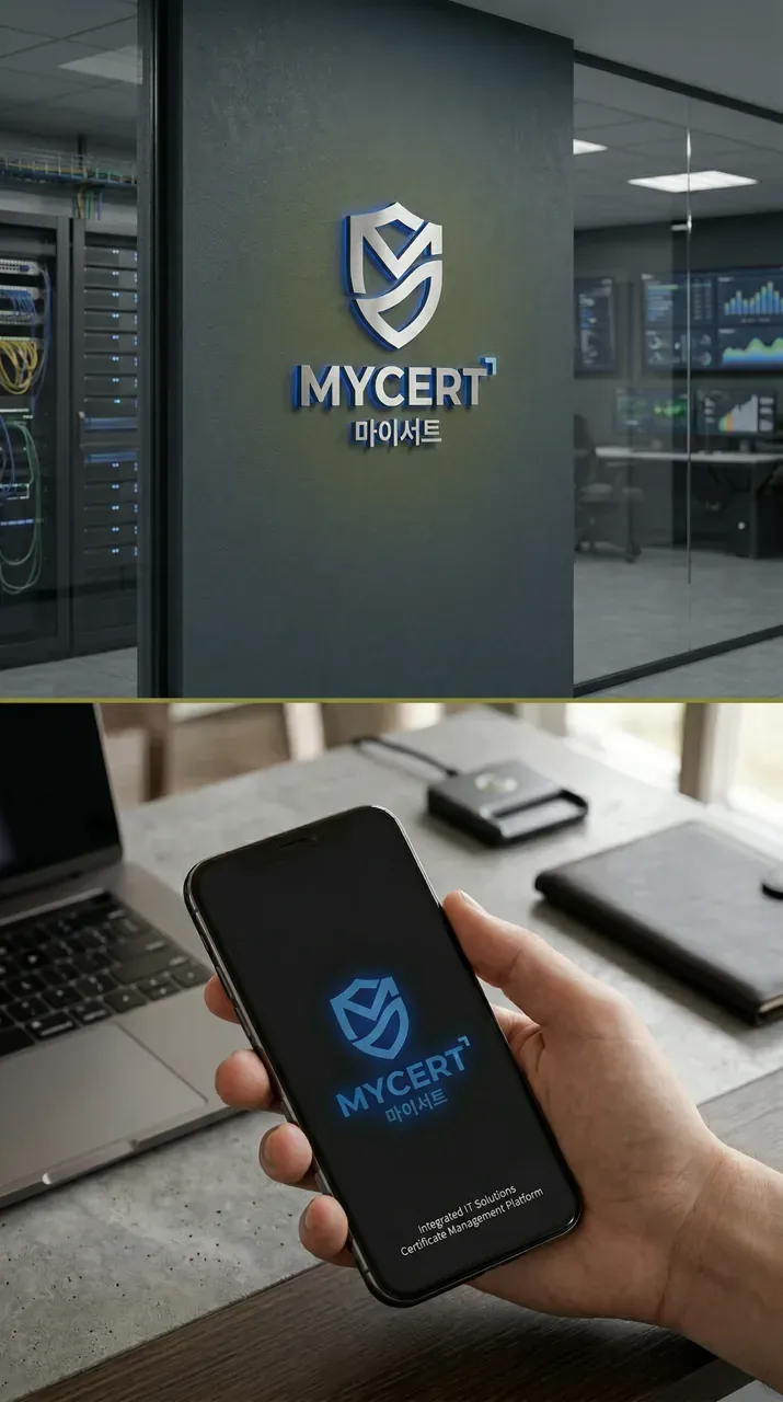 IT·테크 로고 디자인 — 자격증 신뢰성 문제를 해결하는 마이서트 IT 서비스 로고