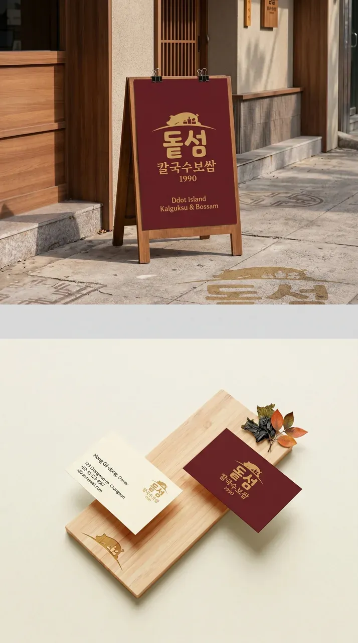 음식점·외식 로고 디자인 — 소풍 가던 날의 설렘을 담은 돝섬칼국수보쌈1990 음식점 로고 브랜드 시스템