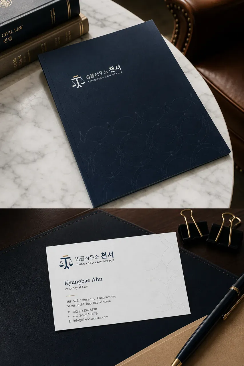 법률·세무·특허 로고 디자인 — 상서로운 신뢰를 담은 기하학 법률사무소 로고 브랜드 시스템