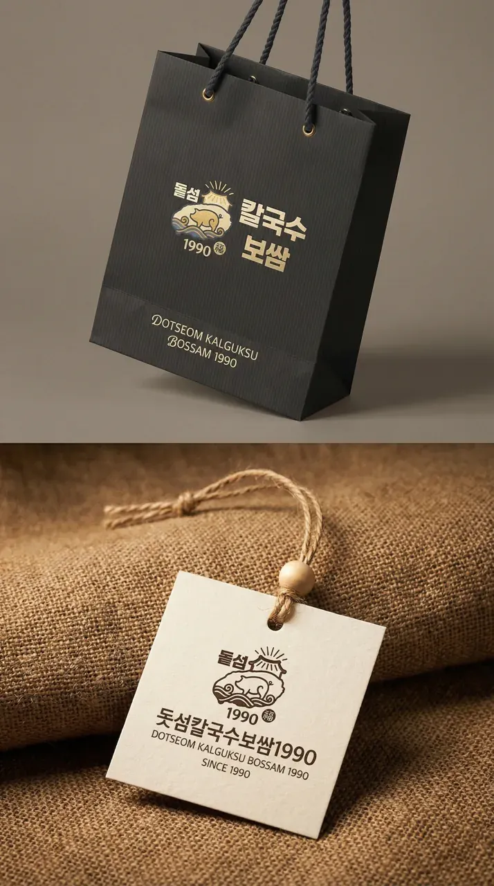 음식점·외식 로고 디자인 — 소풍 가던 날의 설렘을 담은 돝섬칼국수보쌈1990 음식점 로고 브랜드 시스템