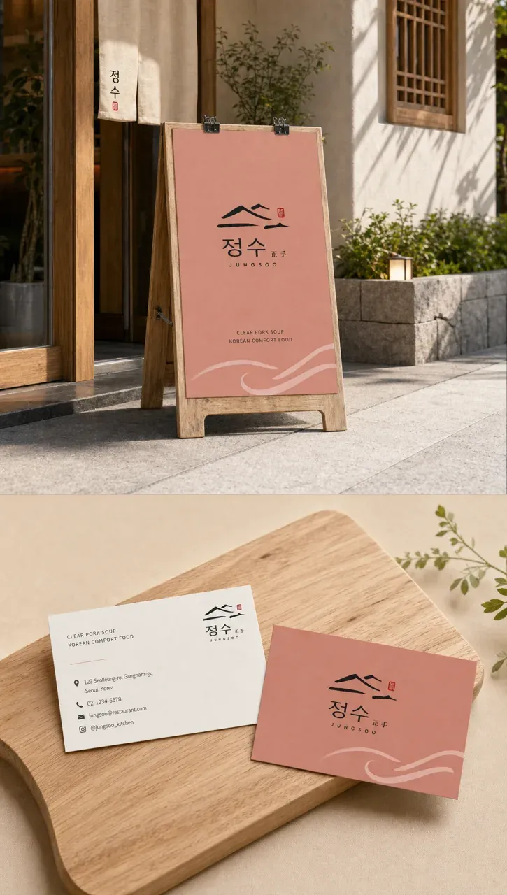 음식점·외식 로고 디자인 — 캘리그라피의 정성 육수의 온기 음식점 로고 브랜드 시스템
