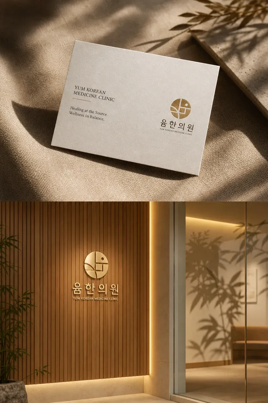 한의원·한방 로고 디자인 — 치유의 샘이 흐르는 현대적 한방 공간 한의원 로고 브랜드 시스템