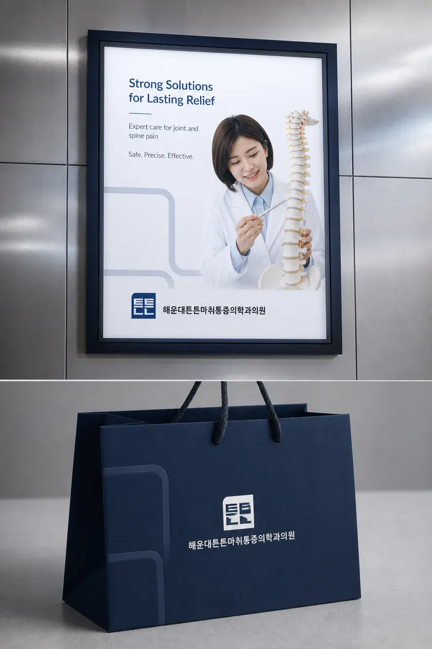 병원·의원 로고 디자인 — 해운대튼튼마취통증의학과 건강한 척추를 상징하는 명료한 메디컬 병원 로고 브랜드 시스템